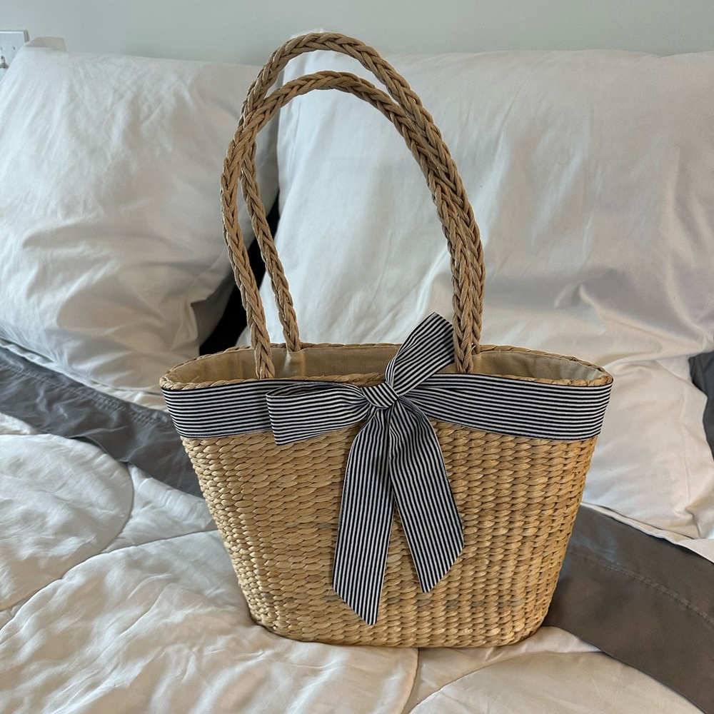 Straw Tote with Striped Ribbon
